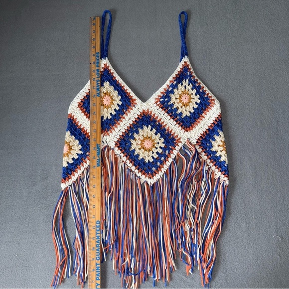 Rebellion Bohemian Hippie Crochet Fringe Dress - Blue, Orange, Cream Large - Picture 4 of 8